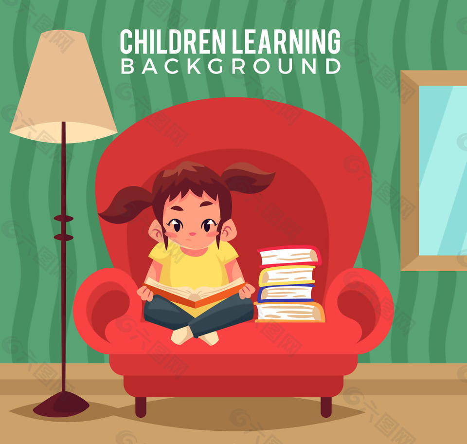 卡通沙发上读书的女孩矢量