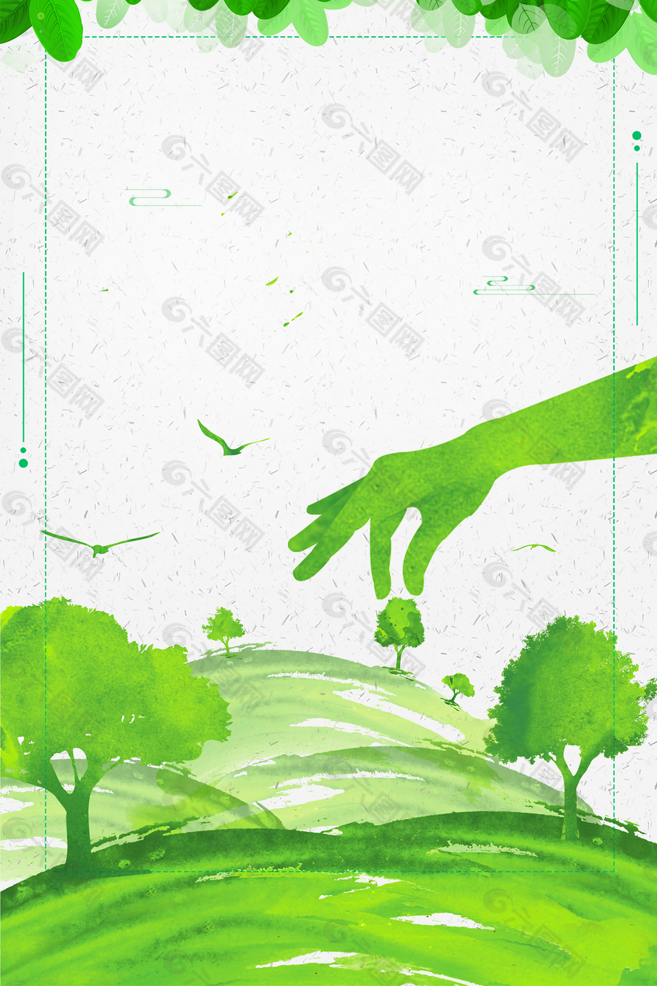 植树节浅绿色卡通植树环保线框背景