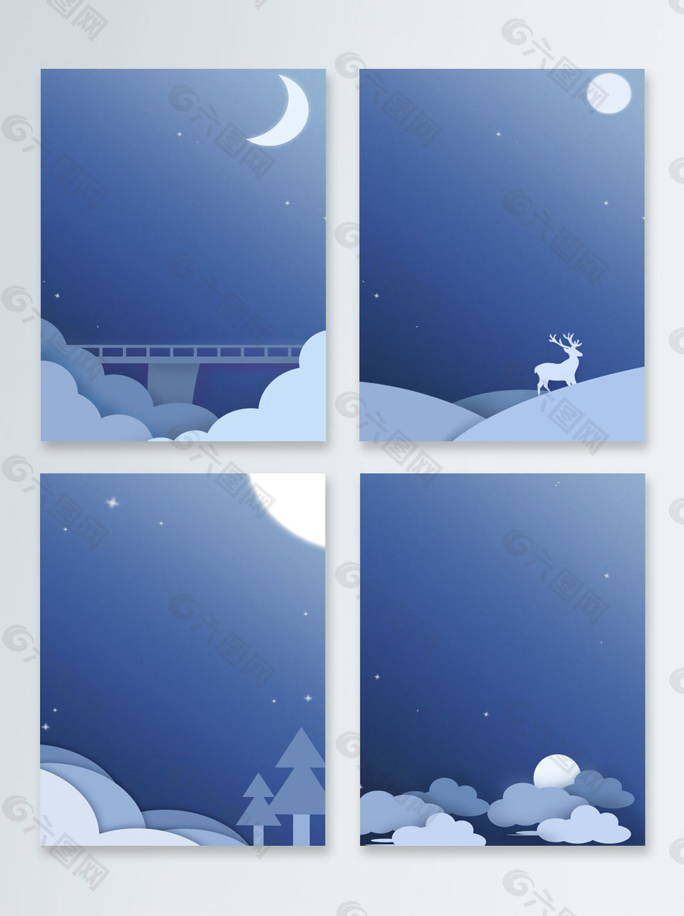 简约蓝色立体云朵剪纸背景