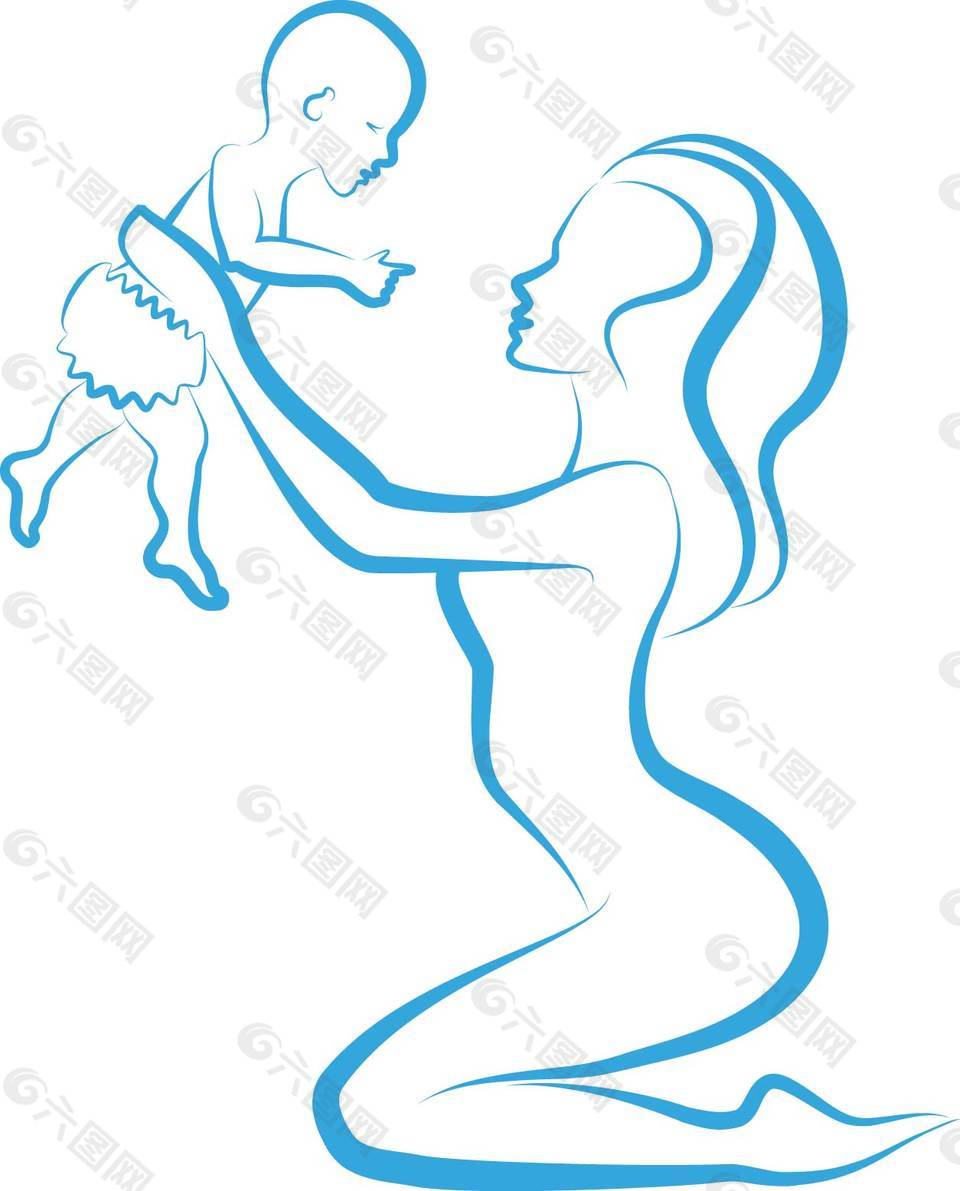 卡通温馨蓝色母亲拥抱孩子png元素