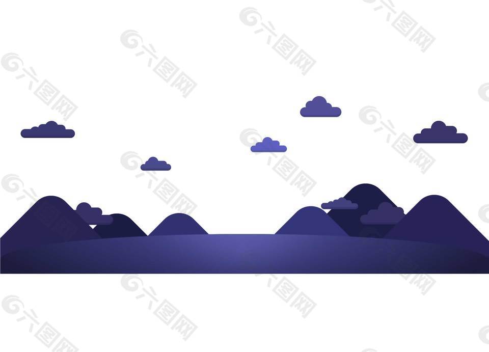 卡通扁平紫色云朵群山png元素