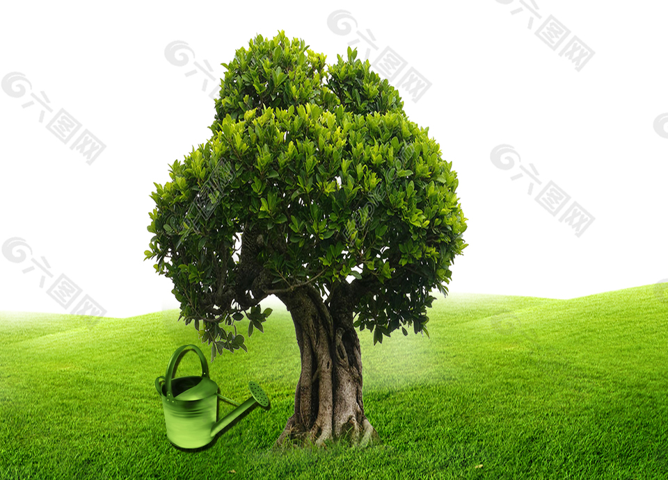 卡通绿色大树草坪png元素