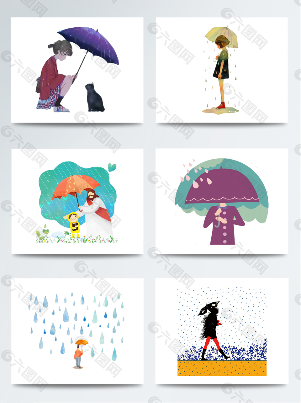 卡通的谷雨下雨天撑着伞的人物元素素材