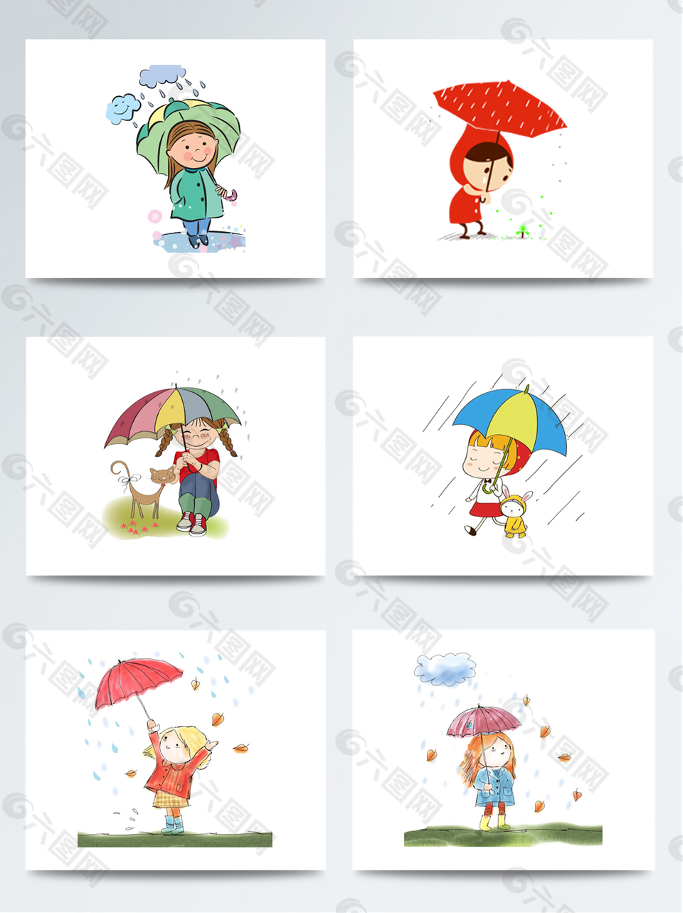可爱的卡通谷雨下雨天撑着伞的人物元素素材