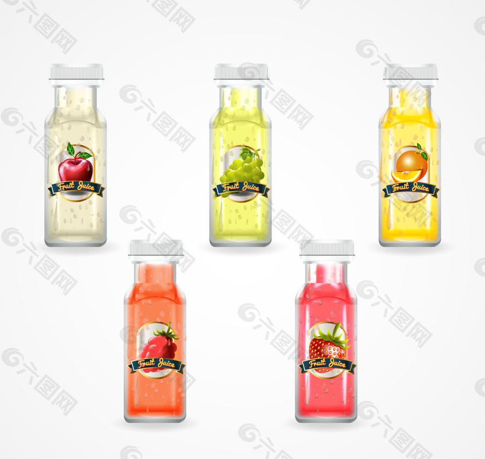 5款水彩绘瓶装果汁矢量