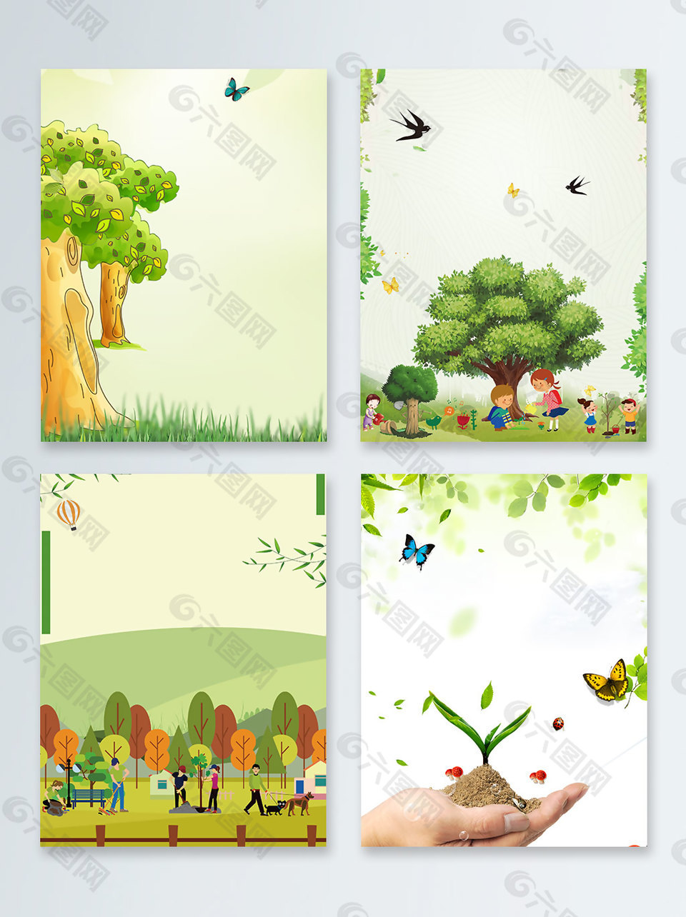 卡通手绘森林树苗燕子蝴蝶广告背景背景素材免费下载 图片编号 六图网
