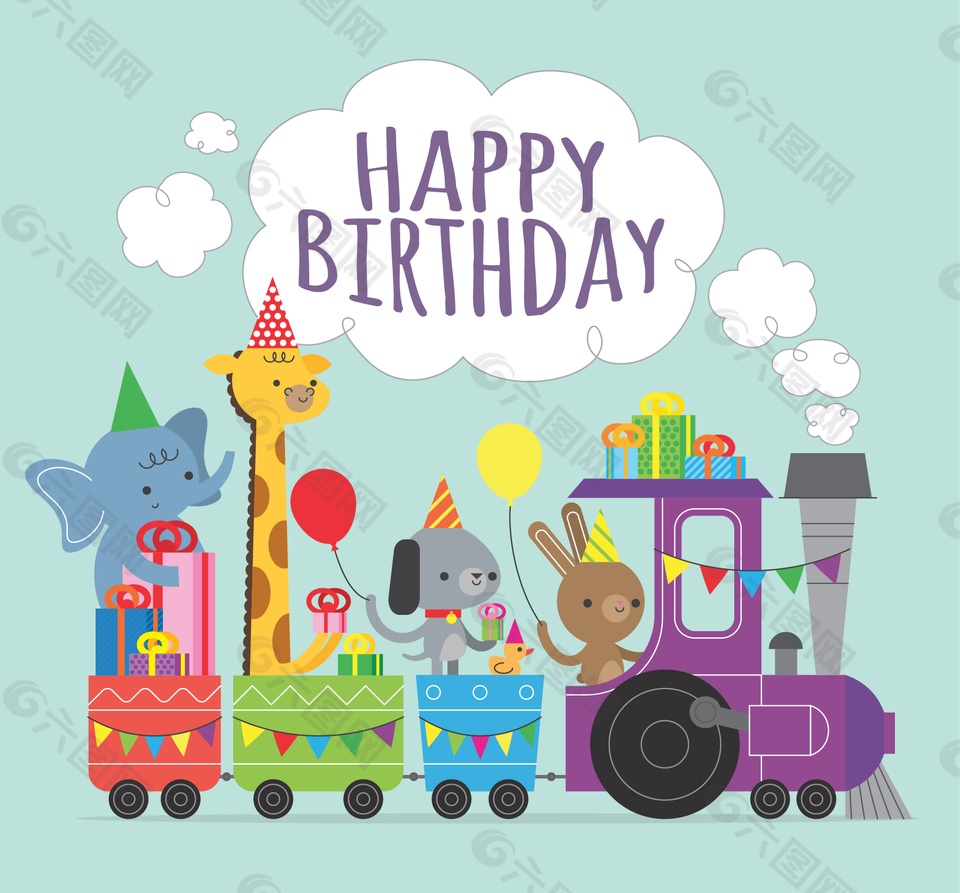 可爱动物列车的生日插画