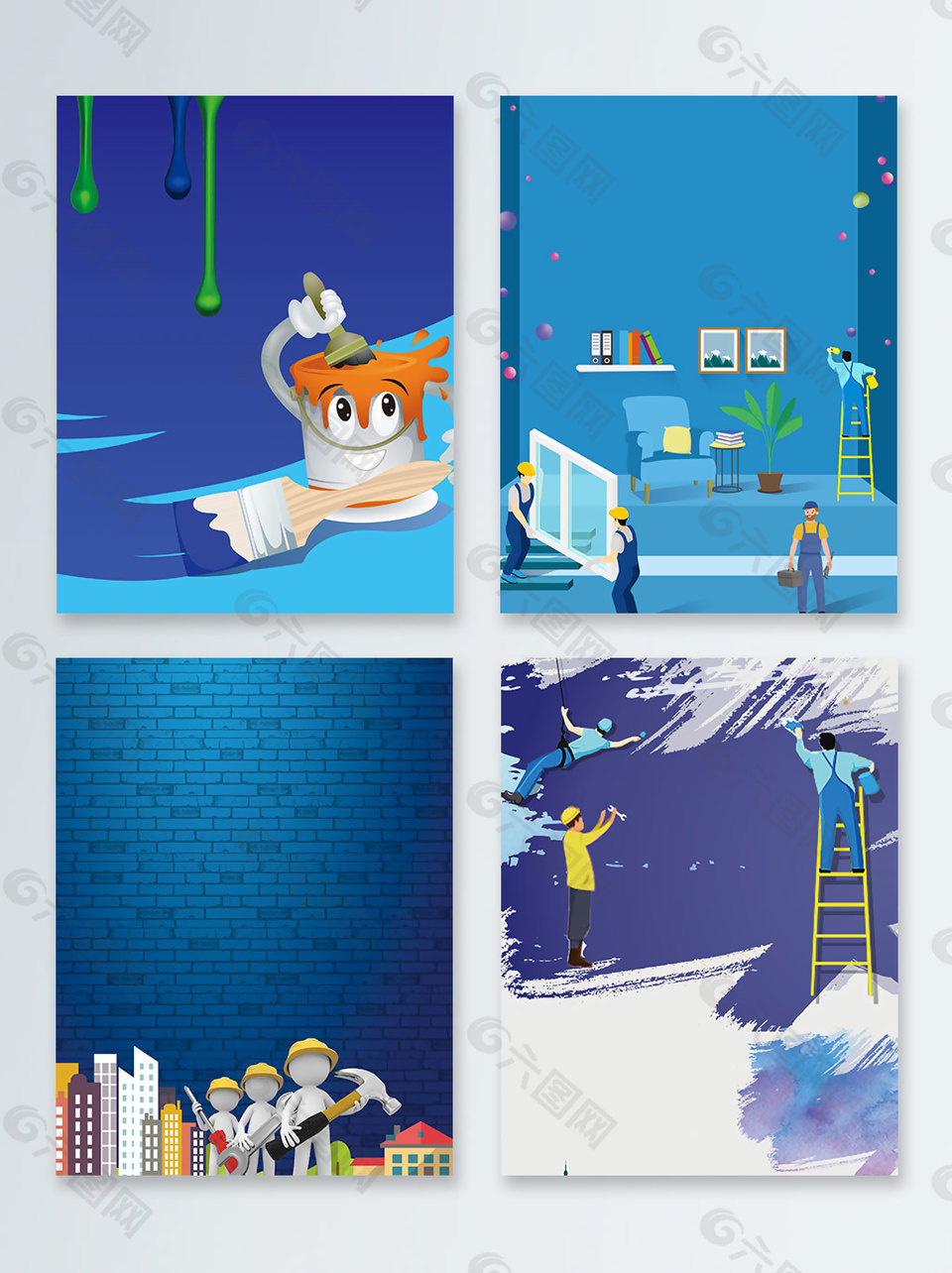 蓝色卡通装修刷痕砖墙广告背景