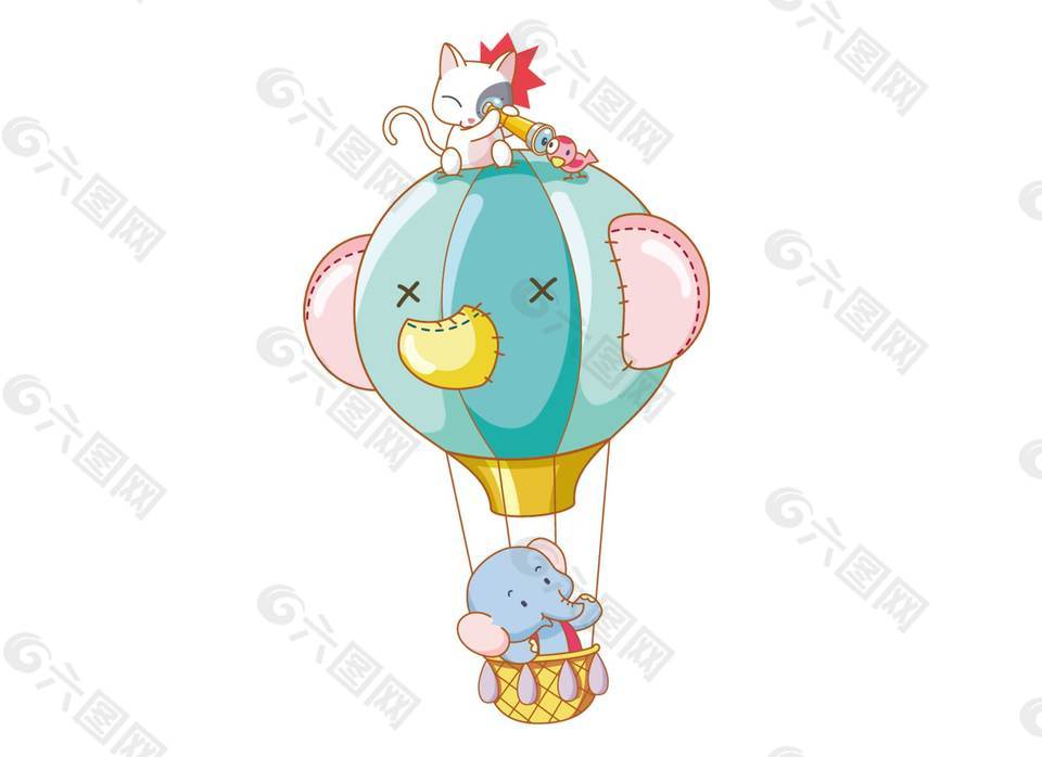 可爱卡通小象热气球png元素