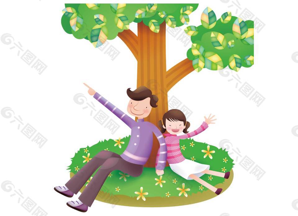 卡通温馨有爱父亲女儿树下玩png元素