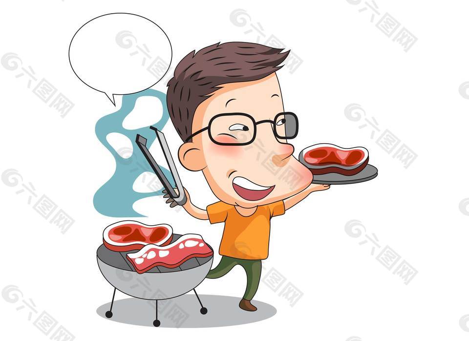 卡通男生烤肉png元素