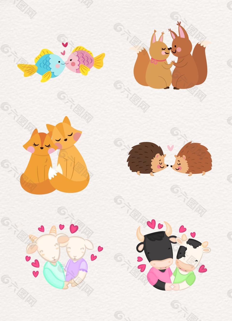 扁平化可爱设计卡通动物爱情