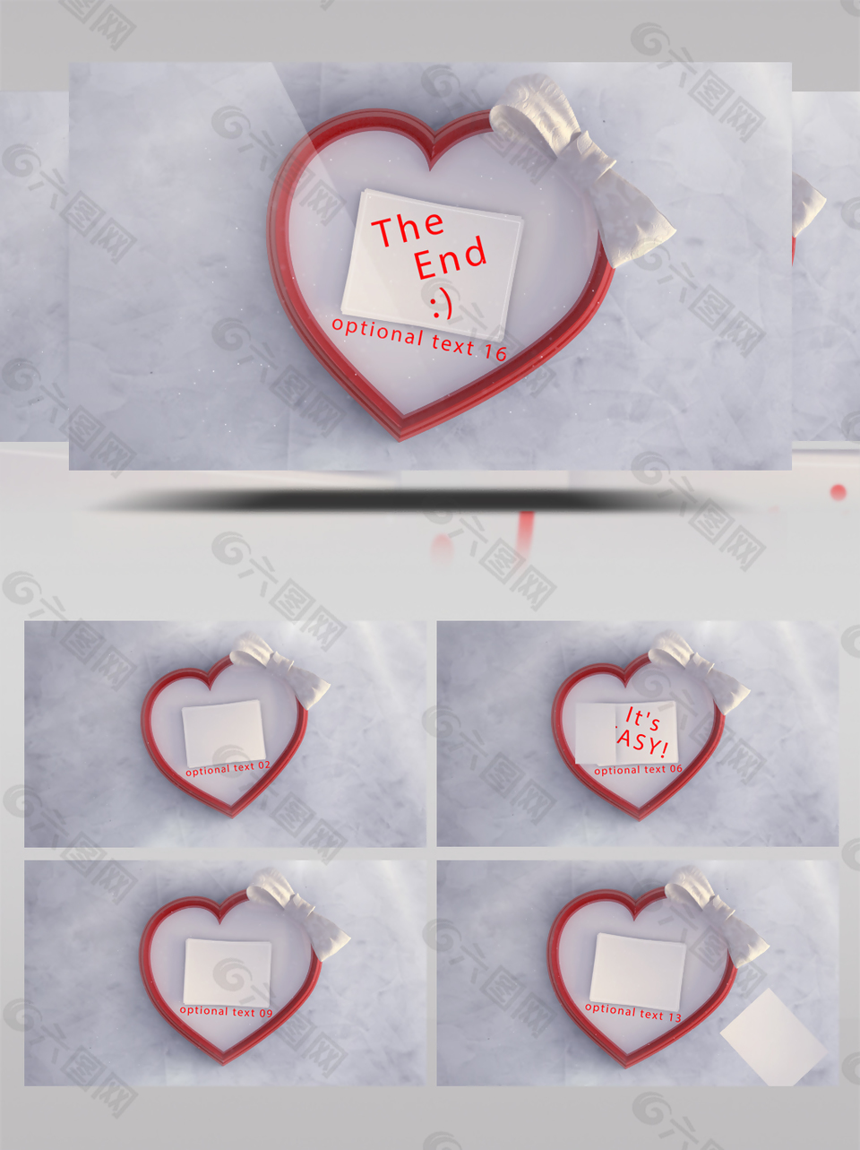 蝴蝶结爱心盒子里放置的一张张爱情回忆AE模板