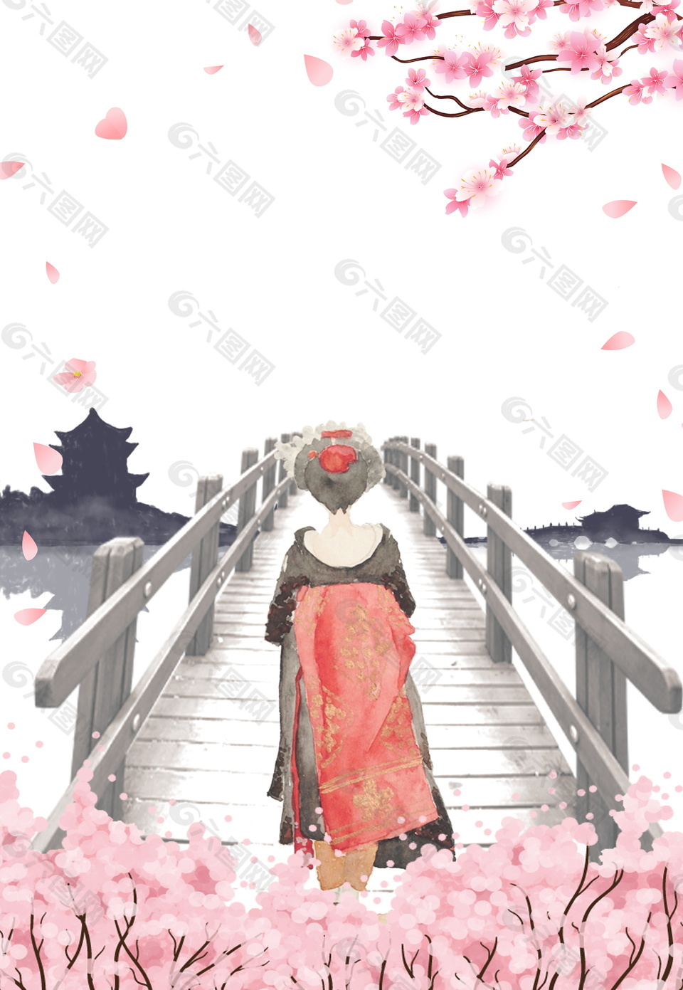 彩绘日本和服女人过桥樱花海报背景设计