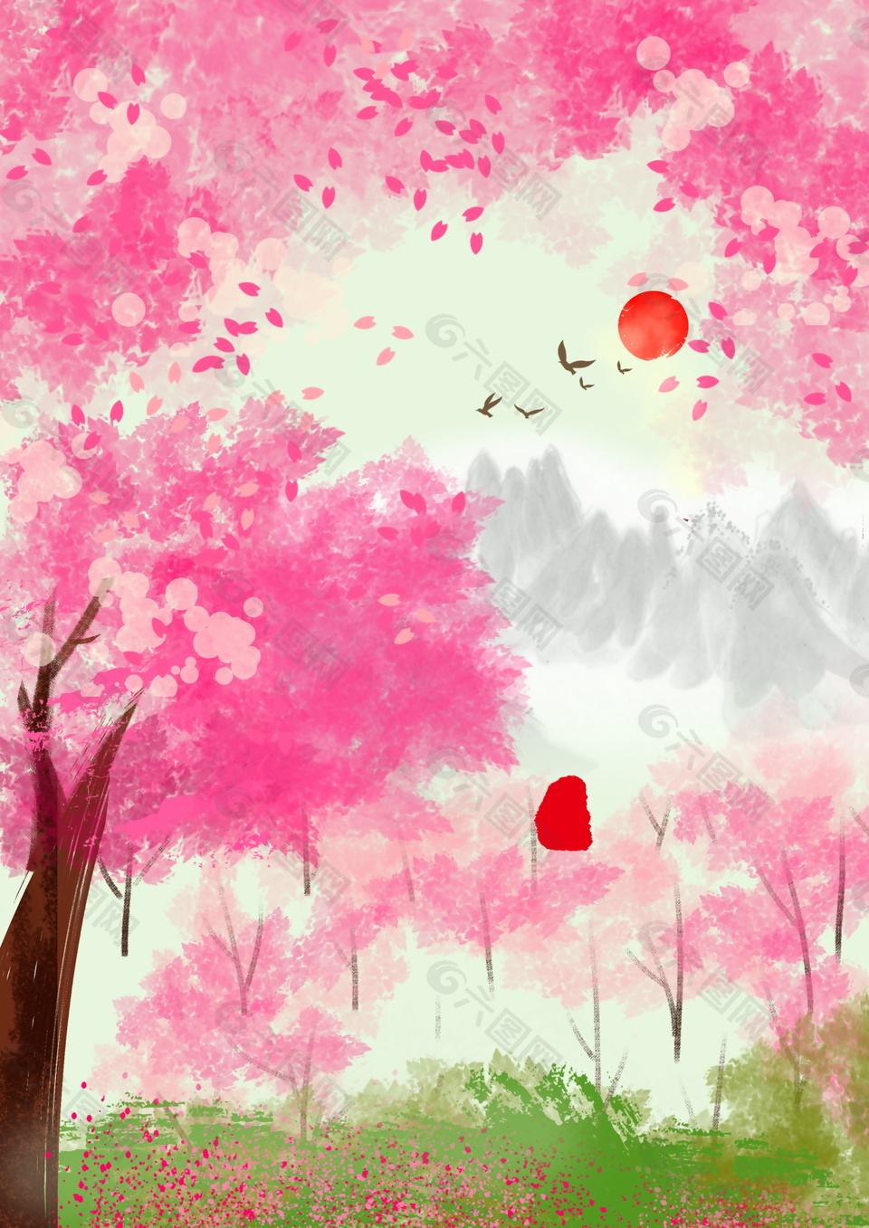 彩绘粉色桃花林海报背景设计