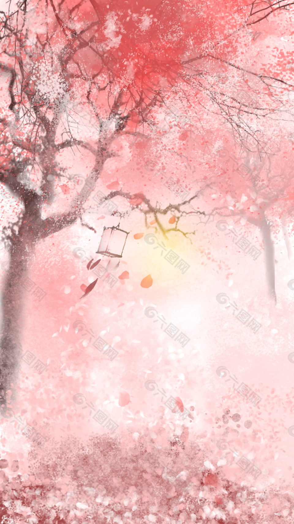 古风彩绘桃花树海报背景背景