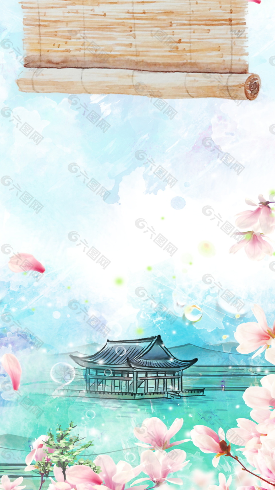 中国风彩绘桃花海报背景设计