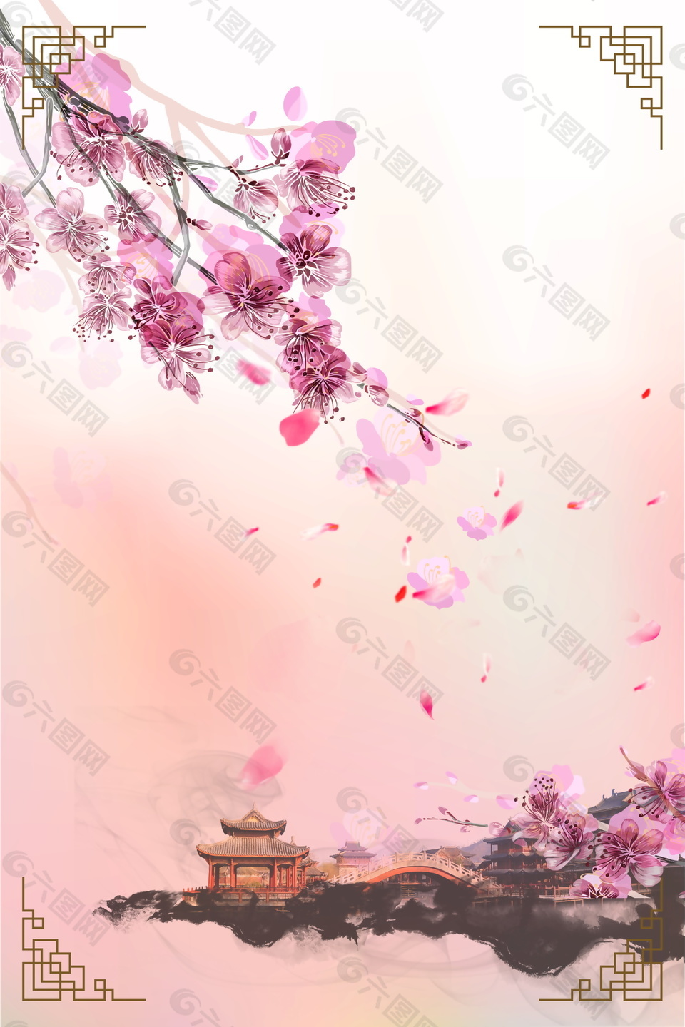 中国风传统桃花季海报背景设计