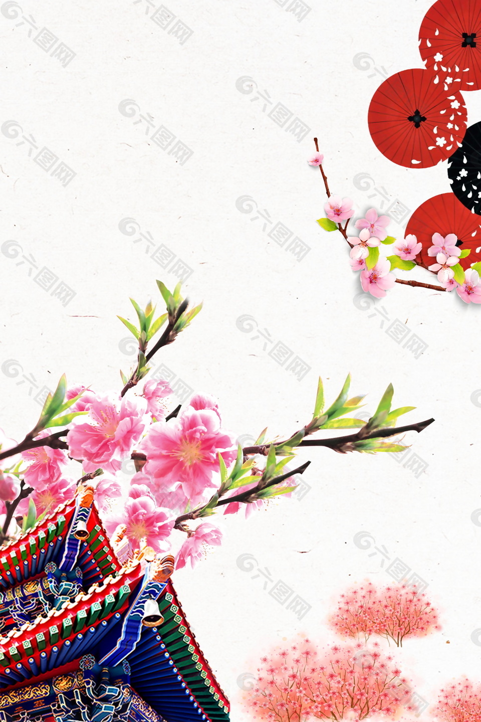 彩绘古风传统桃花海报背景设计