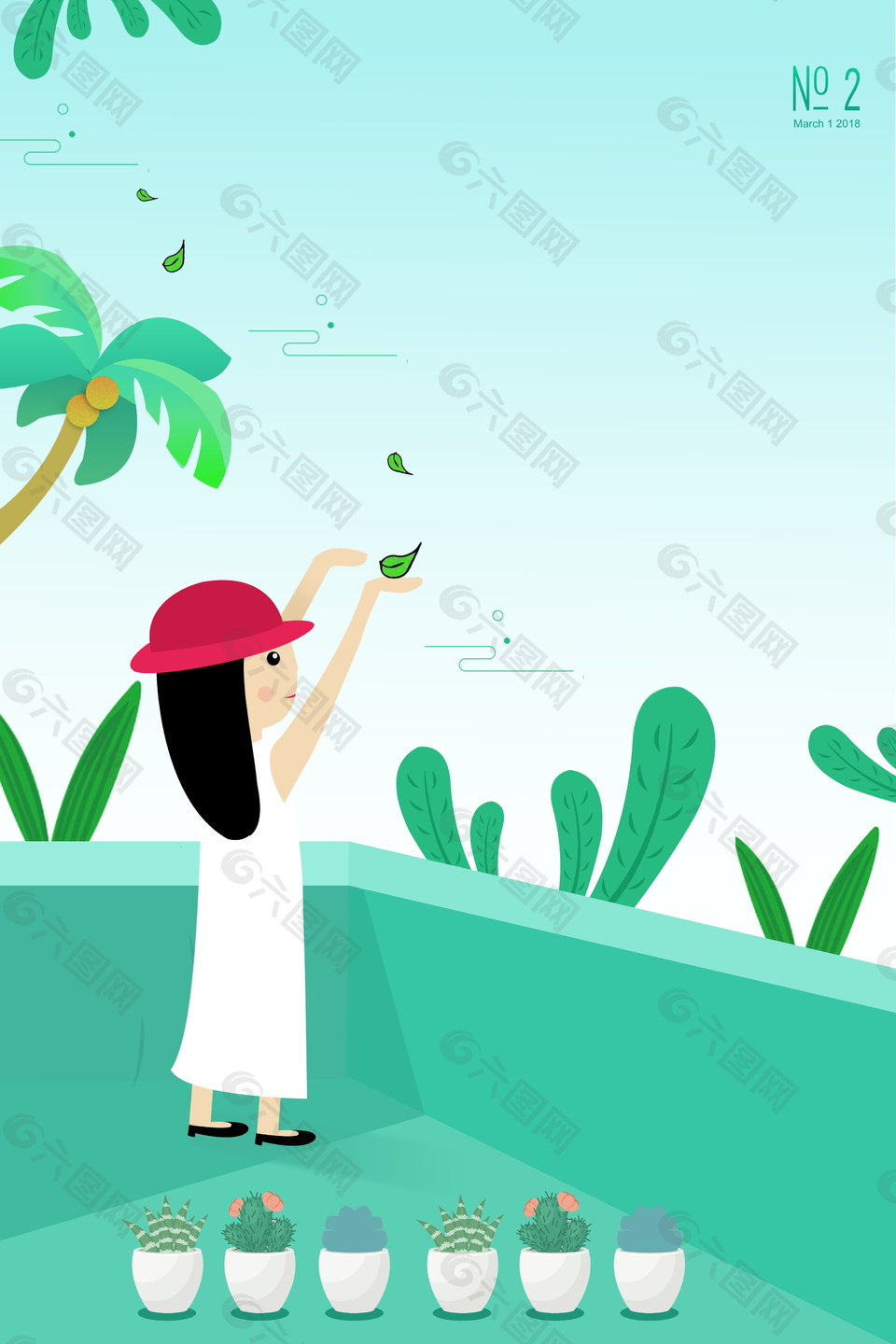 春季小清新春姑娘椰树海报背景设计