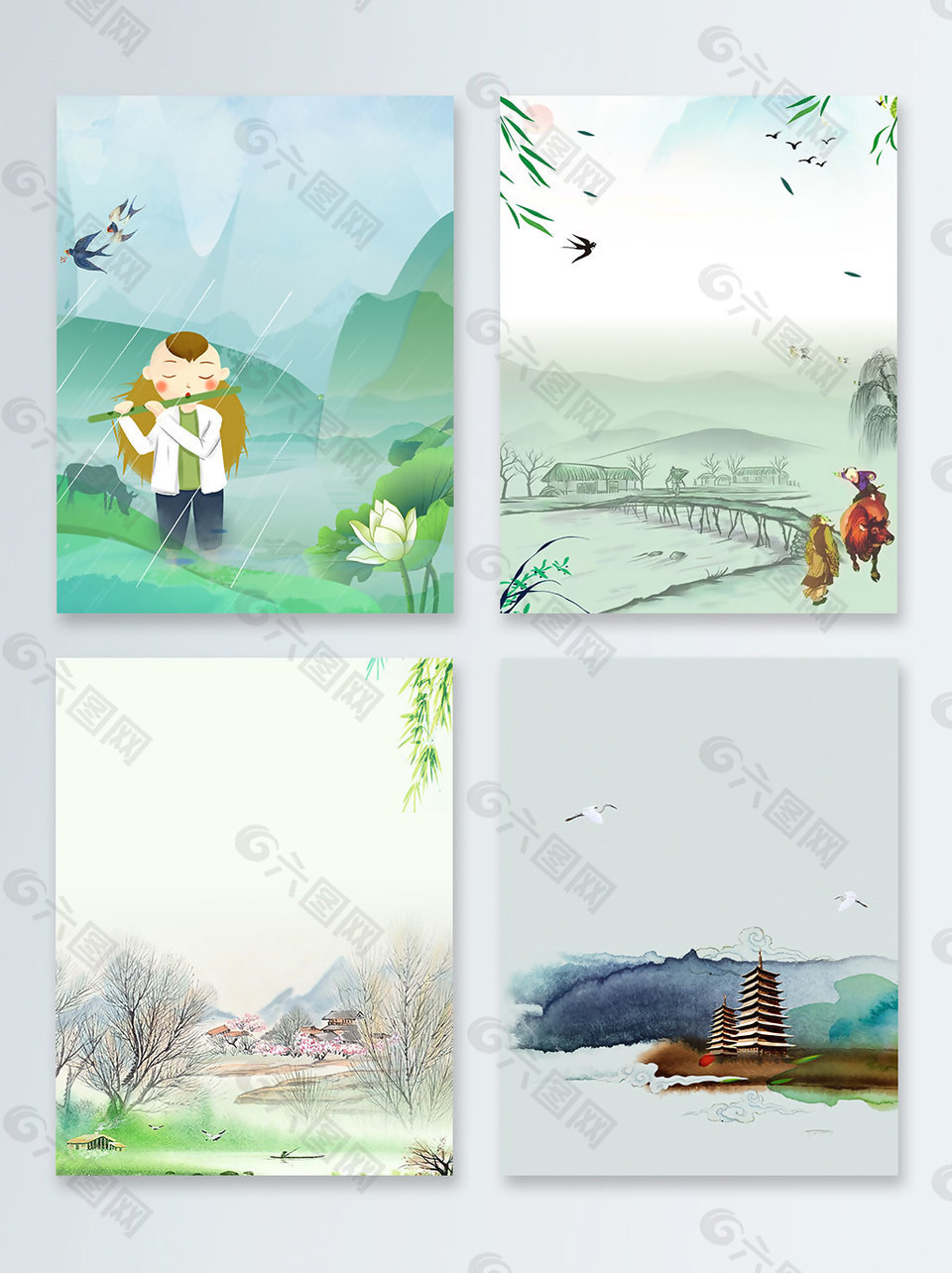 中国风大气清明节远山牧童广告背景