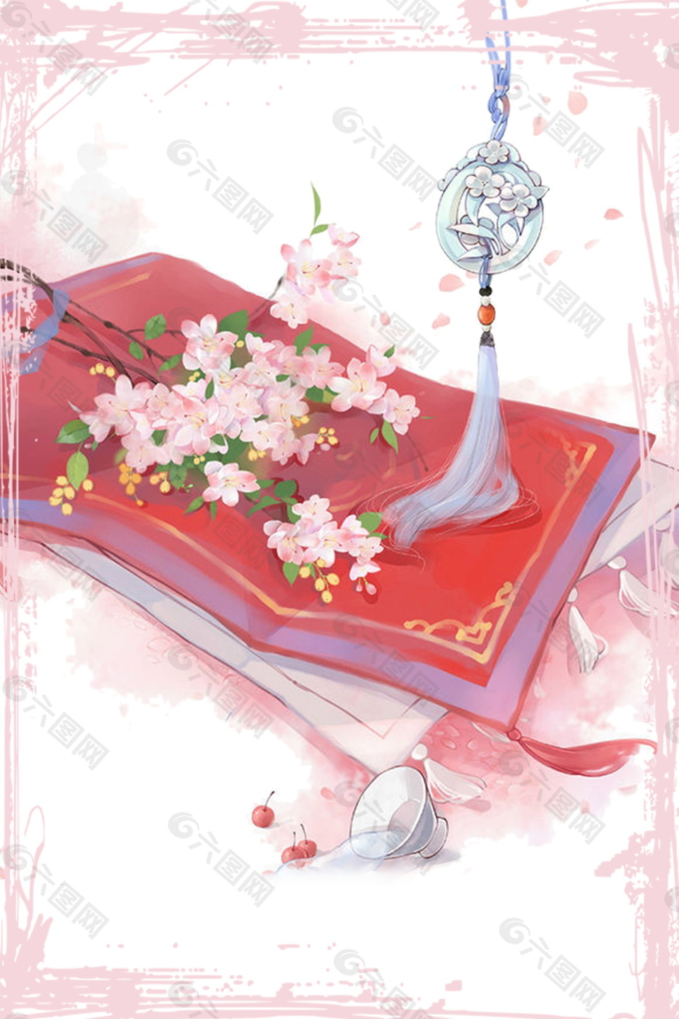 唯美古风彩绘花朵玉器海报背景设计