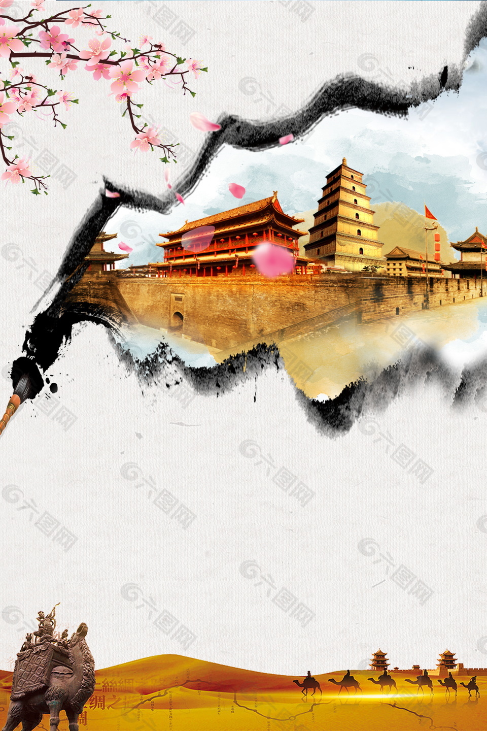 中国风古典花枝城堡建筑背时设计