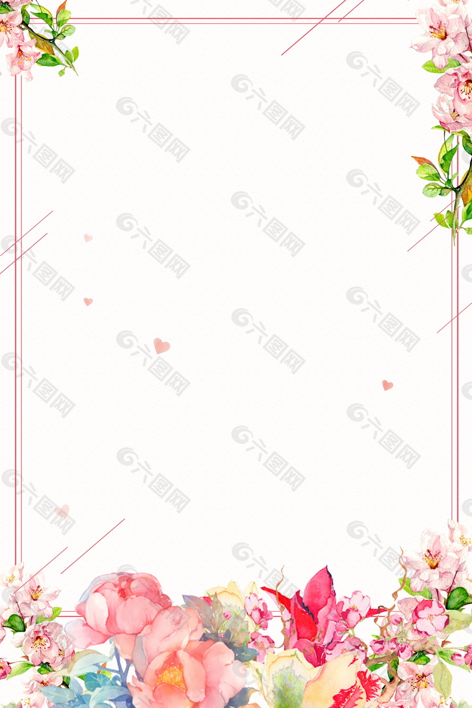 彩绘粉色花枝边框海报背景设计