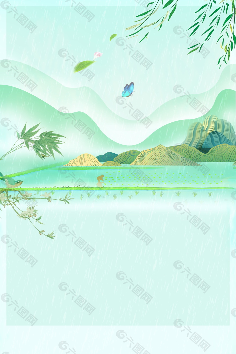 彩绘谷雨时节农田远山海报背景设计