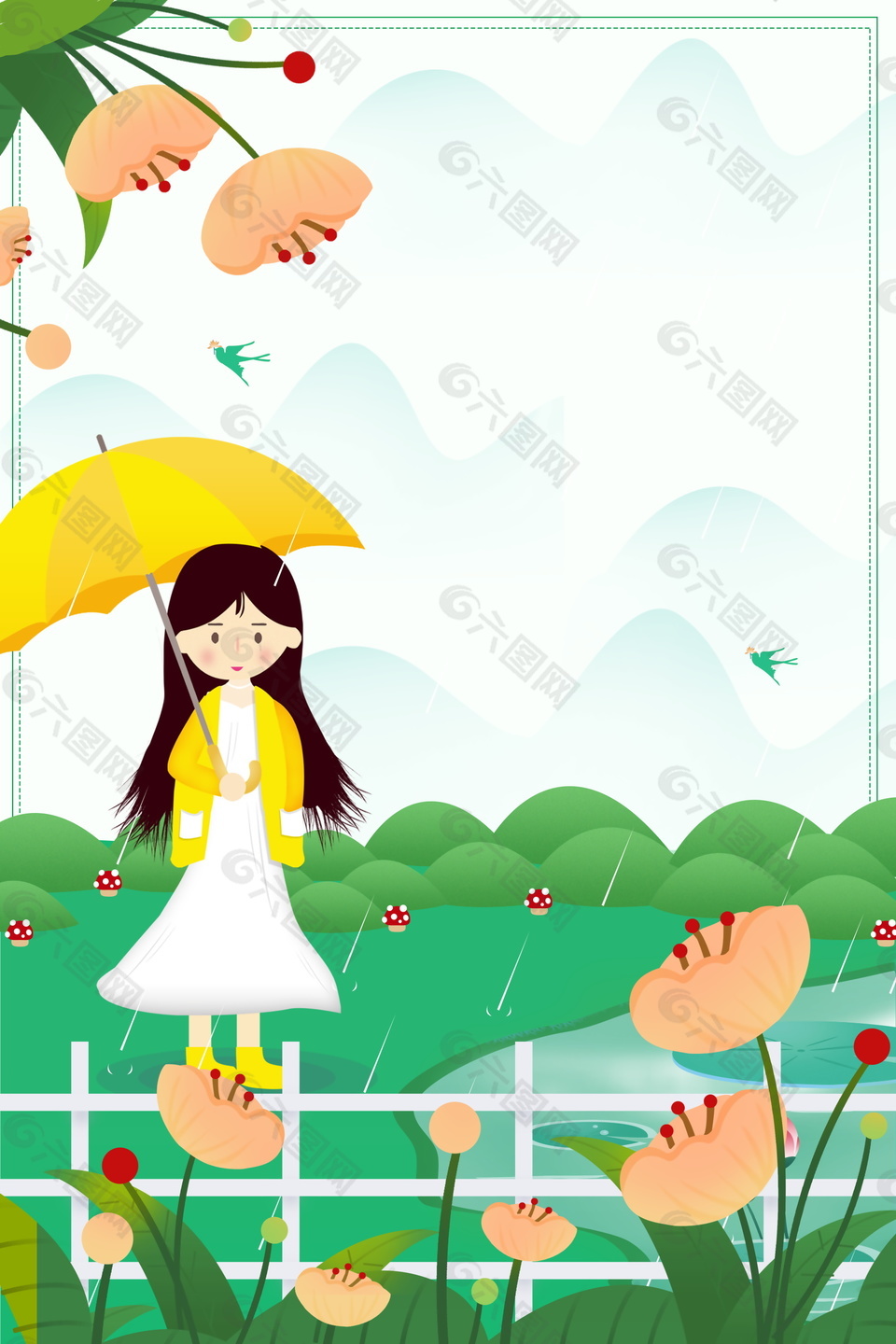 清新春季谷雨花朵春姑娘海报背景设计