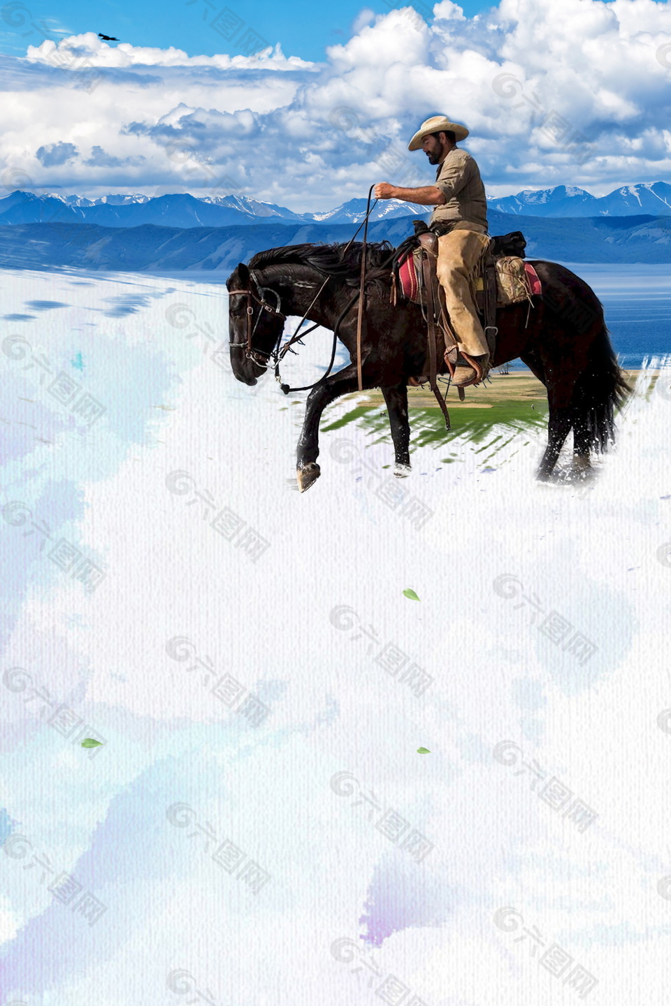 蒙古风蓝天下的牧民黑马旅游海报背景设计