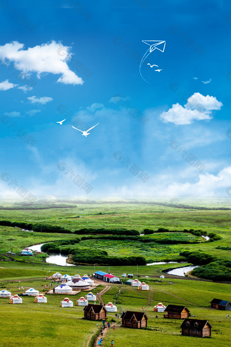 蓝天下的草原蒙古包旅游海报背景设计