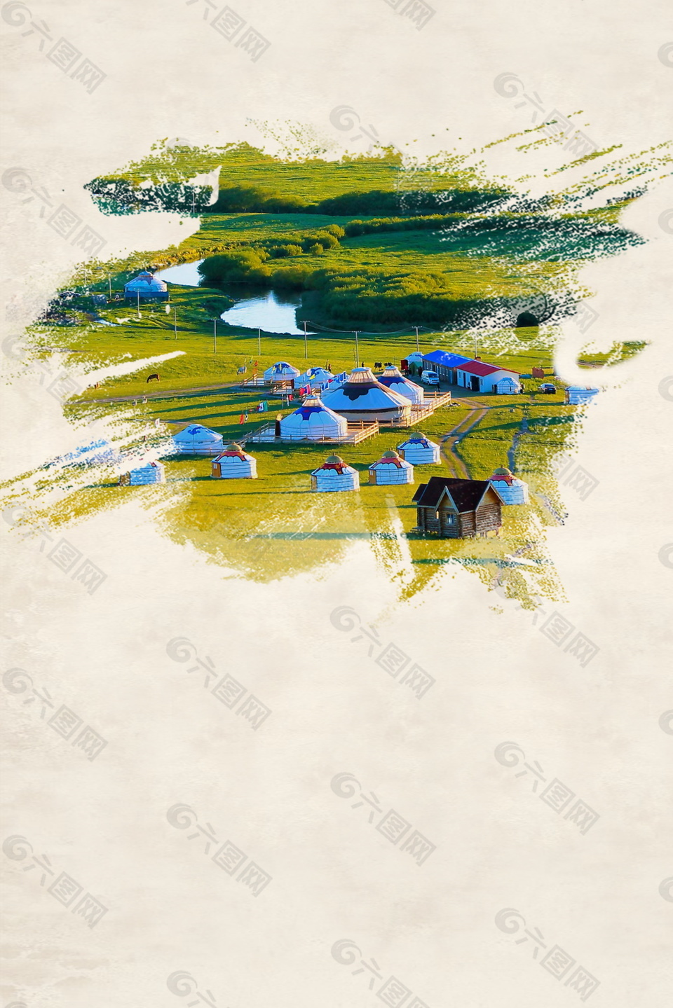 印象内蒙草原蒙古包旅游海报背景设计