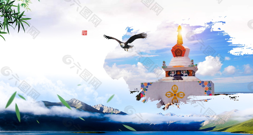 清新青海湖旅游海报背景设计