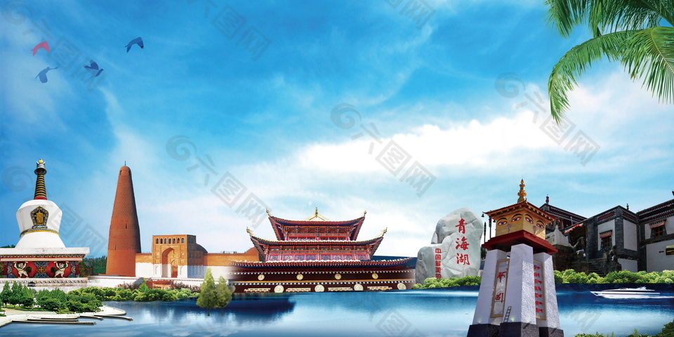 蓝天下的青海湖旅游海报背景设计