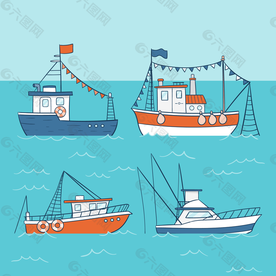 卡通大海上的轮船插画
