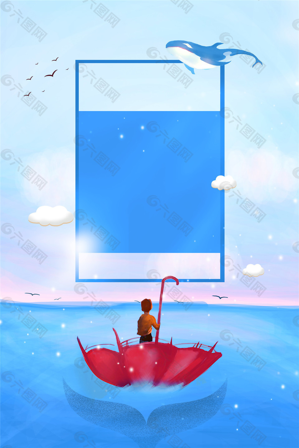 清新蓝色伞船上的边框海豚海报背景设计