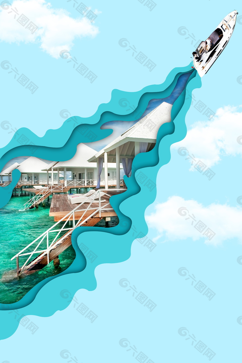 蓝色马尔代夫海岛旅游海报背景设计