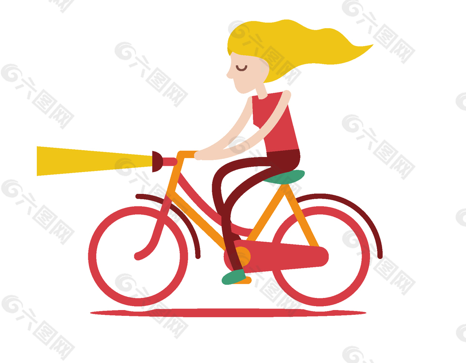 手绘扁平美女骑红色自行车矢量元素
