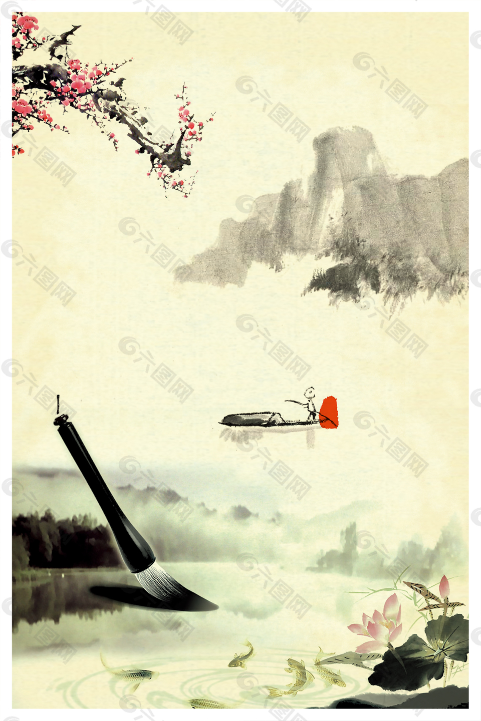 中国水墨风山水风景海报背景