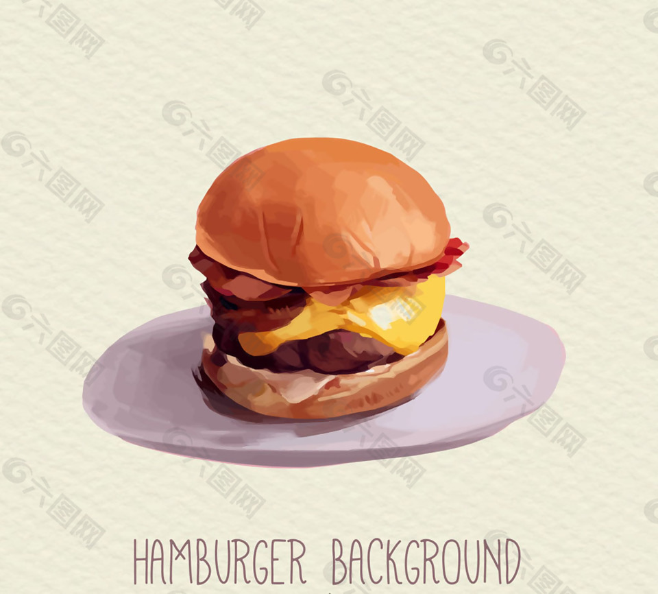 彩绘盘子里的美味汉堡包矢量素材
