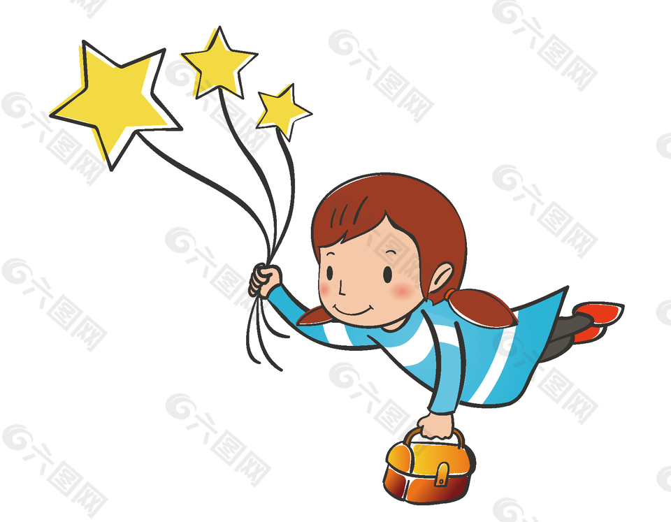 卡通童话女孩拿着星星气球去上学矢量元素