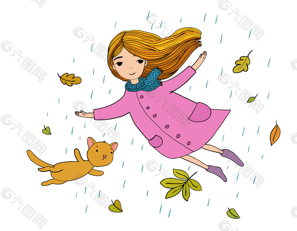手绘卡通女孩猫咪在雨中飞舞矢量元素