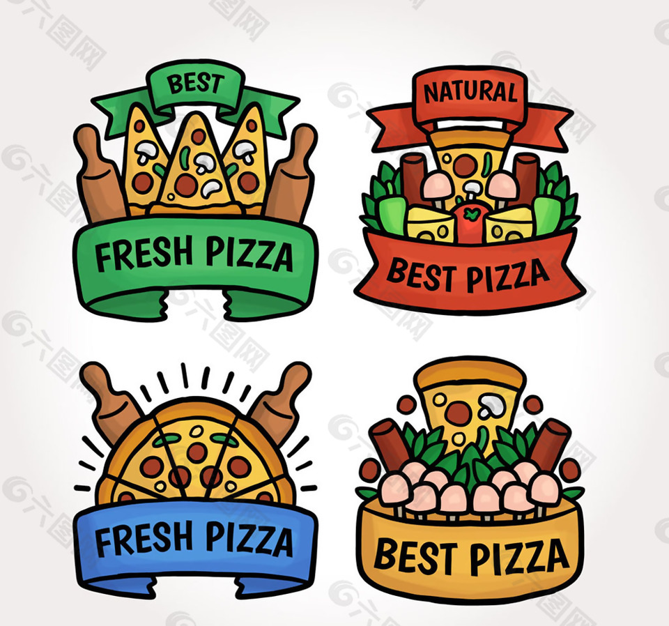 4款彩绘披萨标签矢量素材