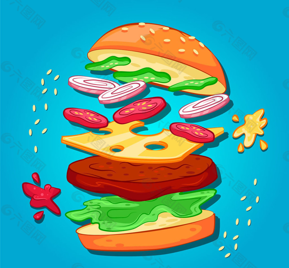 彩绘美味动感汉堡包矢量素材