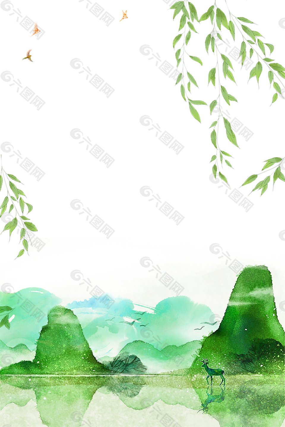 春季水墨山峰与柳枝装饰背景