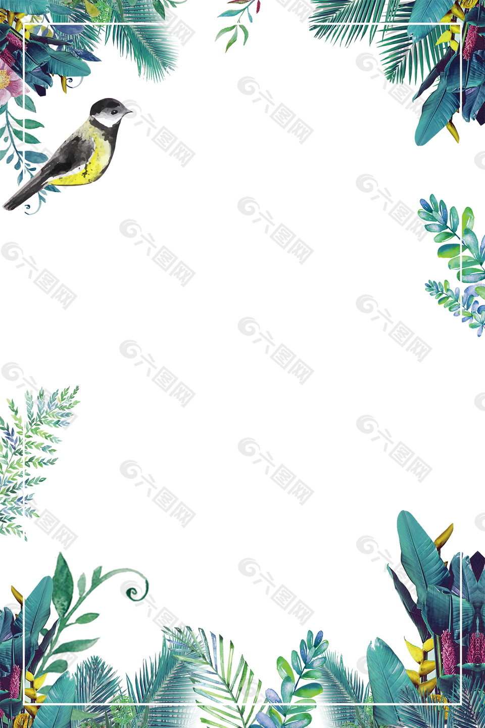 彩绘丰竹子树叶边框海报背景设计