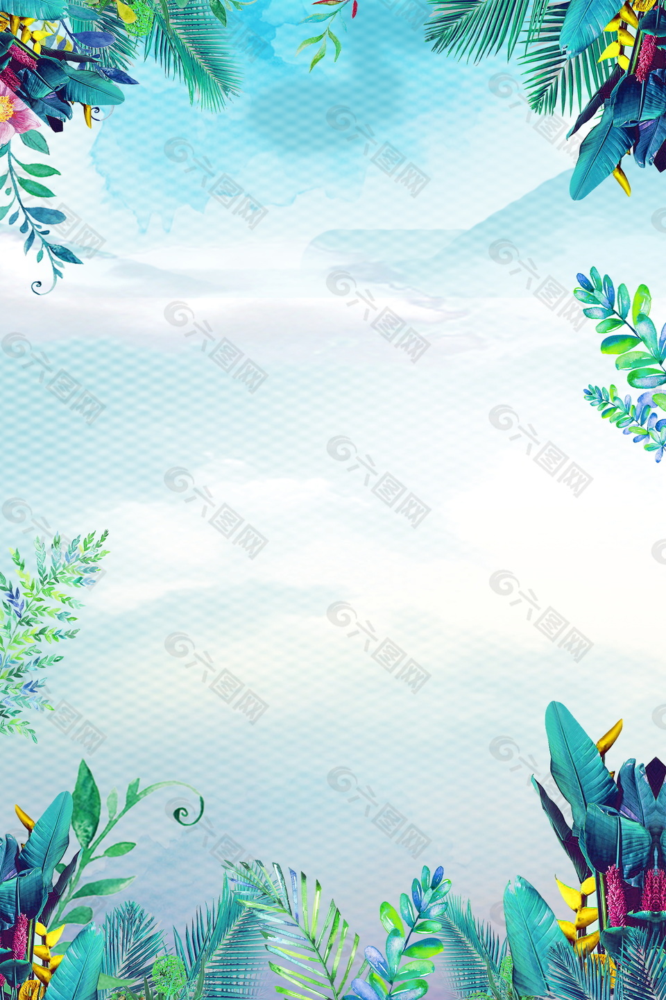 夏季彩绘树叶边蓝天海报背景设计