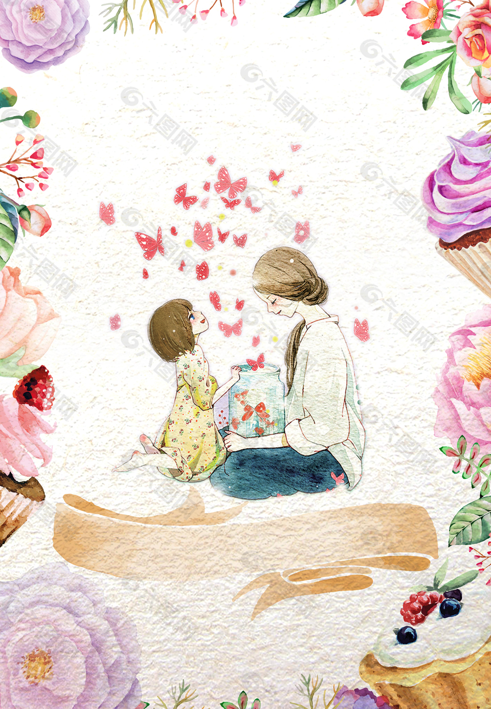 手绘花卉温暖母亲节模板背景