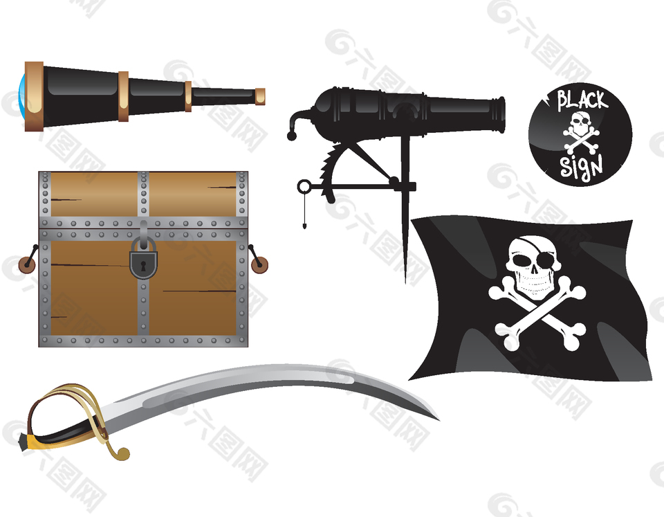 卡通海盗素材宝箱佩刀旗帜矢量元素